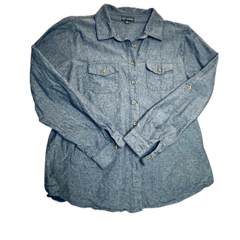 Riley & James Blue Woven Womens Button Down Shirt Size M Blue